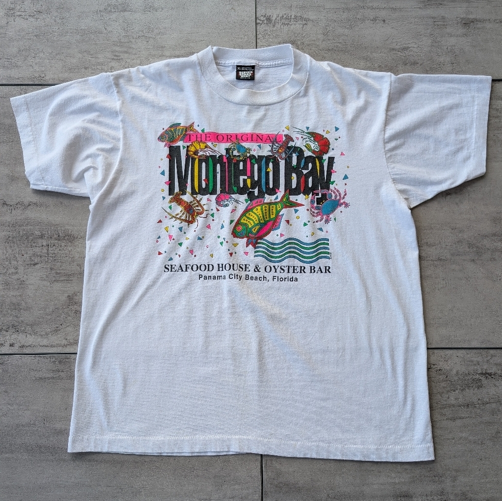 Vintage Montego Bay Seafood Panama City Beach Colorful Single Stitch Graphic XL
